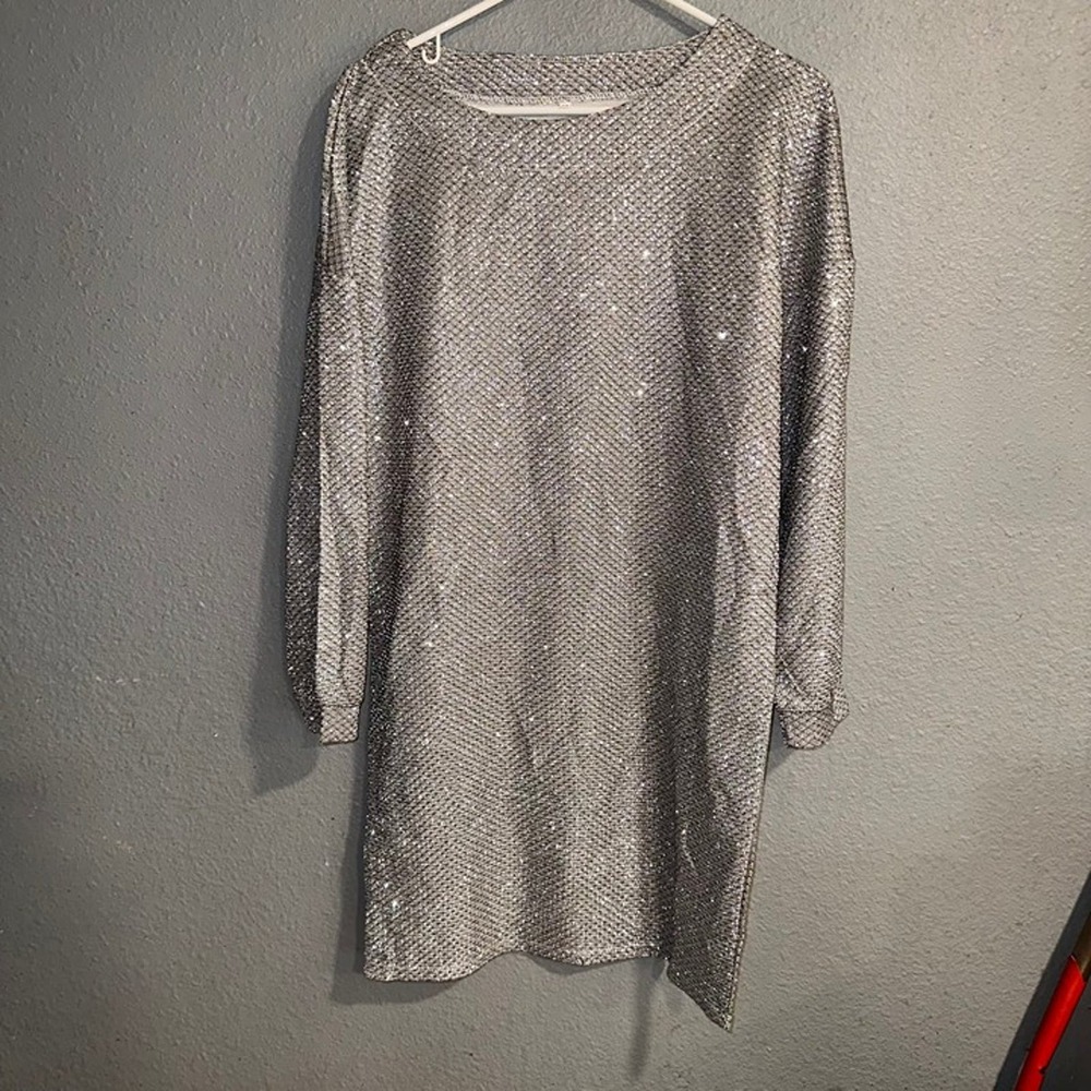 Fancy Silver Sparkle Bling Medium Womens Long Sleeve Dress